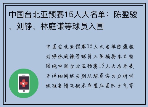 中国台北亚预赛15人大名单：陈盈骏、刘铮、林庭谦等球员入围